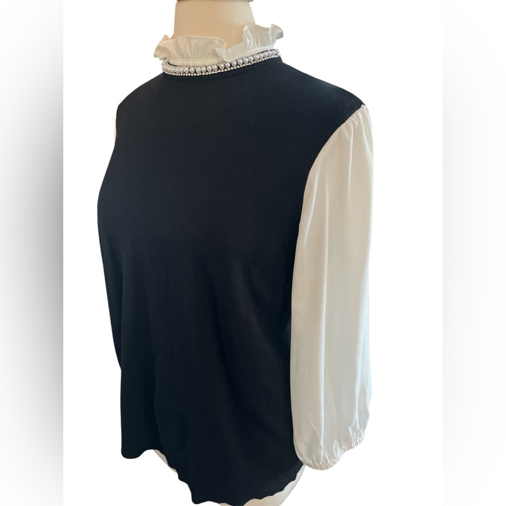 Cable & Gauge twofer sweater black knit body ivory poplin sleeves ruffle neck XL - Picture 5 of 15